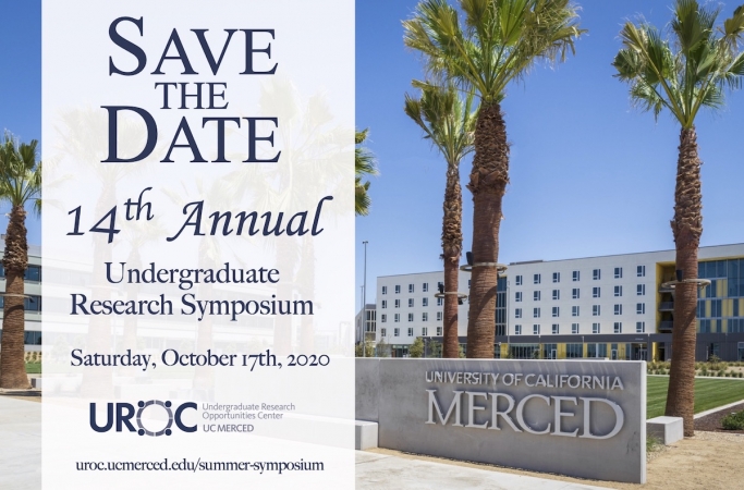 Image of campus entrance with Save the Date for 14th annual undergraduate research symposium on October 17