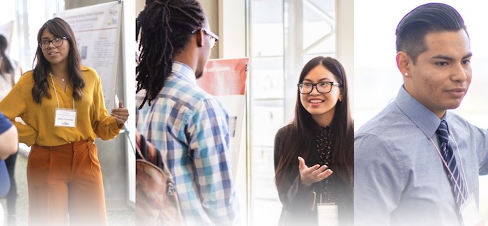 Three UROC Scholars presenting at the 2019 symposium with one audience person speaking to a student